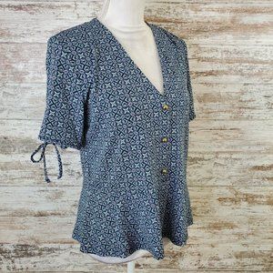 Michael Michael Kors Blue Printed Peplum Short Sleev V-Neck Blouse Sizes P/L